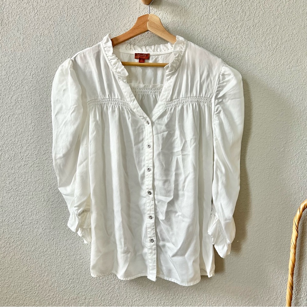 Scully White Button Front 3/4 Sleeve Gathered Blouse Top Size XL Western